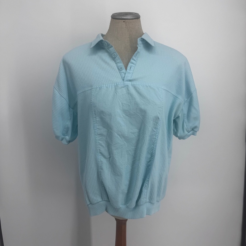 Envoy Polo Top Womens Large Light Blue Vintage Retro Ribbed Mixed Media Shirt